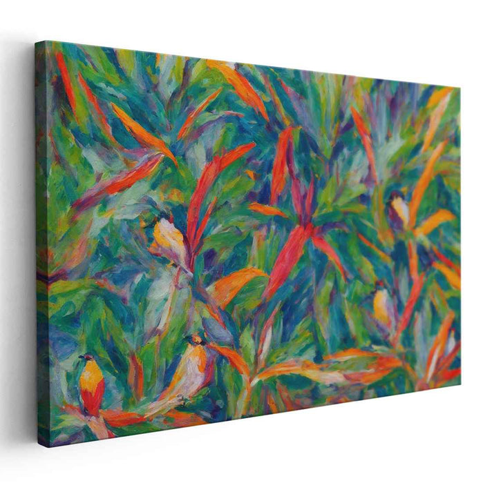 Tropical Flight Symphony: Vibrant Jungle Birds and Foliage Canvas Art
