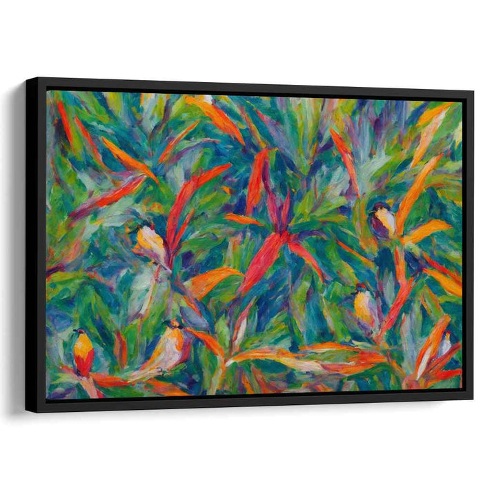 Tropical Flight Symphony: Vibrant Jungle Birds and Foliage Canvas Art