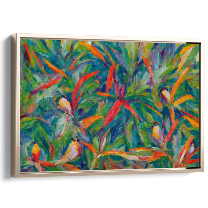 Tropical Flight Symphony: Vibrant Jungle Birds and Foliage Canvas Art