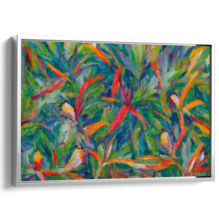 Tropical Flight Symphony: Vibrant Jungle Birds and Foliage Canvas Art