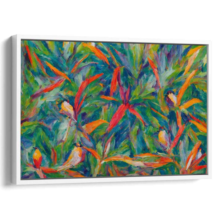 Tropical Flight Symphony: Vibrant Jungle Birds and Foliage Canvas Art