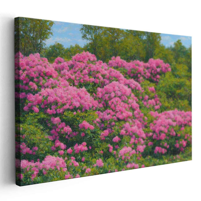Petal Whispers Over Misted Meadows: Impressionist Pink Blooms and Verdant Landscape Canvas Art