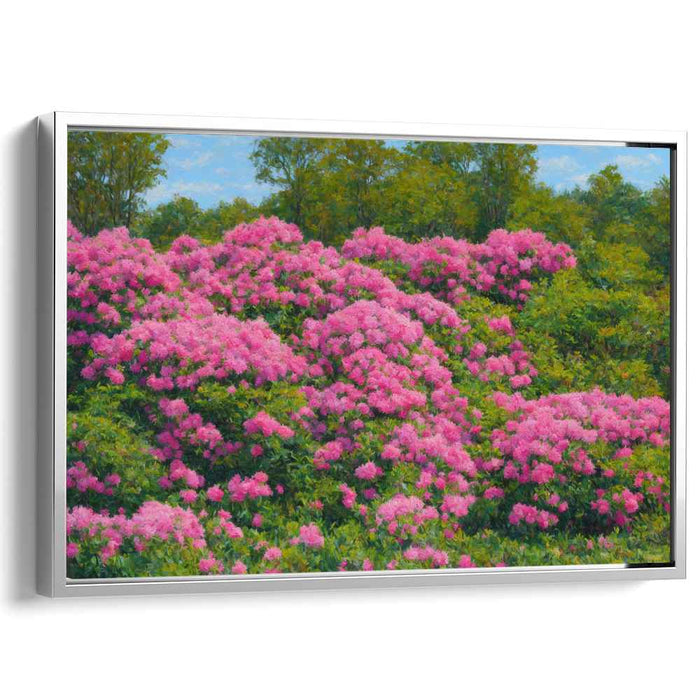 Petal Whispers Over Misted Meadows: Impressionist Pink Blooms and Verdant Landscape Canvas Art