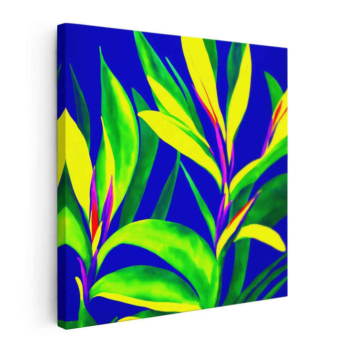 Electric Jungle Glow: Neon Flora on Electric Blue Canvas Art Print