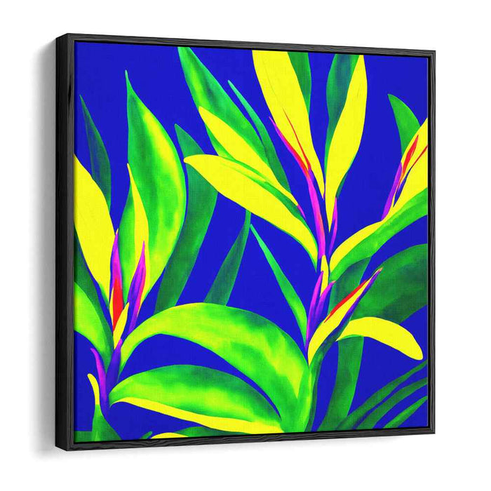 Electric Jungle Glow: Neon Flora on Electric Blue Canvas Art Print