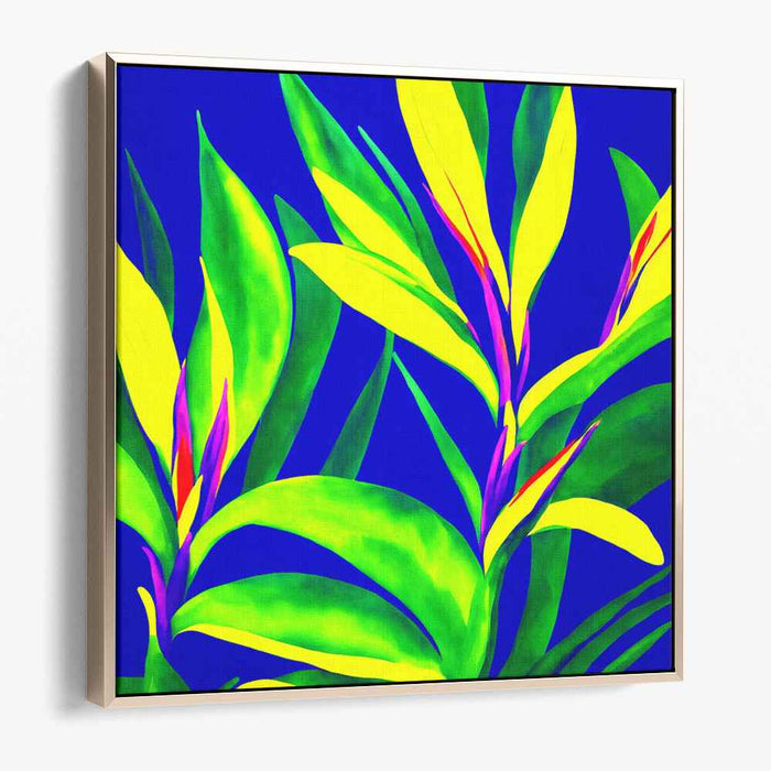 Electric Jungle Glow: Neon Flora on Electric Blue Canvas Art Print