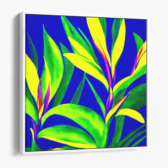 Electric Jungle Glow: Neon Flora on Electric Blue Canvas Art Print