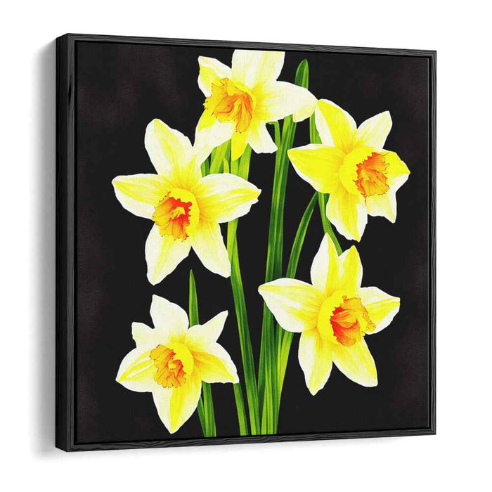 Gilded Petals Night Symphony: Luminous Daffodils on Dark Canvas Art Print