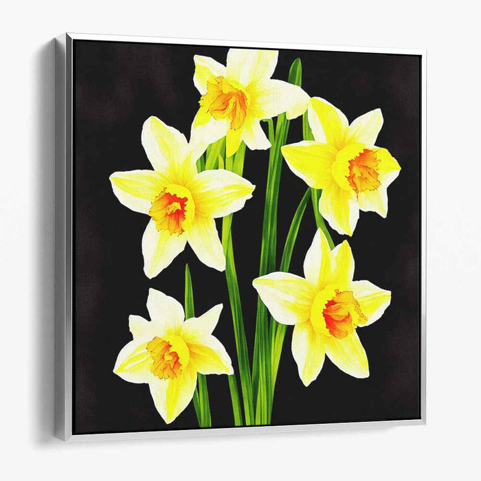 Gilded Petals Night Symphony: Luminous Daffodils on Dark Canvas Art Print