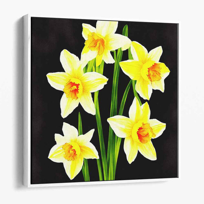 Gilded Petals Night Symphony: Luminous Daffodils on Dark Canvas Art Print