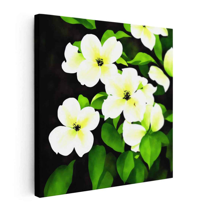 Verdant Blossoms Illusion: Realistic White Flowers on Lush Green Canvas Art Print