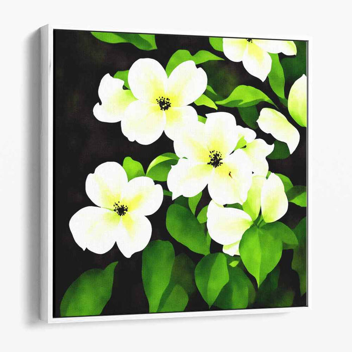 Verdant Blossoms Illusion: Realistic White Flowers on Lush Green Canvas Art Print