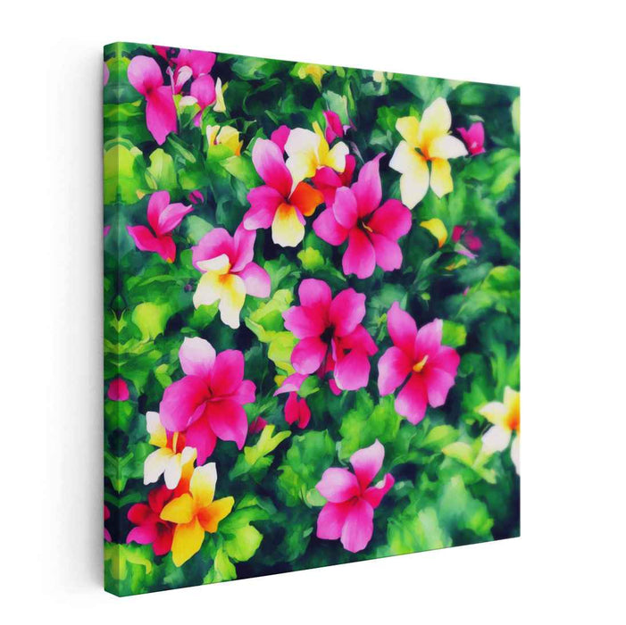 Blossoms in Neon Rain: Vibrant Garden Blooms Canvas Art Print
