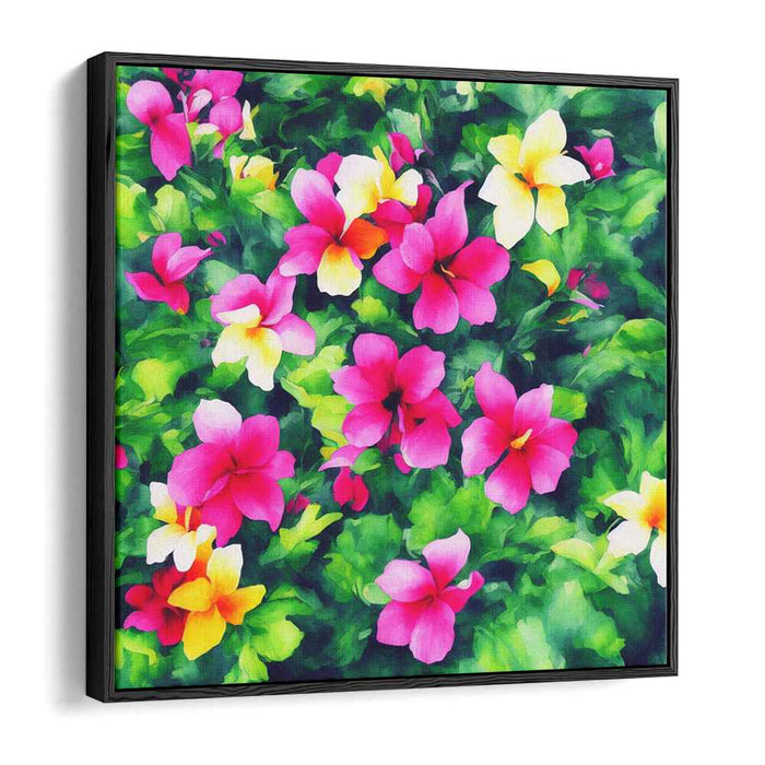 Blossoms in Neon Rain: Vibrant Garden Blooms Canvas Art Print