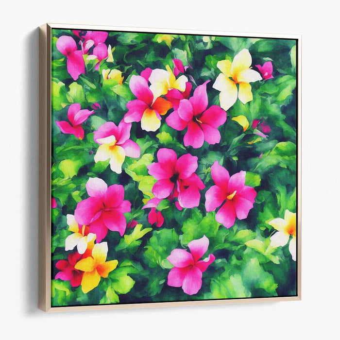 Blossoms in Neon Rain: Vibrant Garden Blooms Canvas Art Print