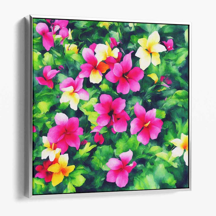 Blossoms in Neon Rain: Vibrant Garden Blooms Canvas Art Print