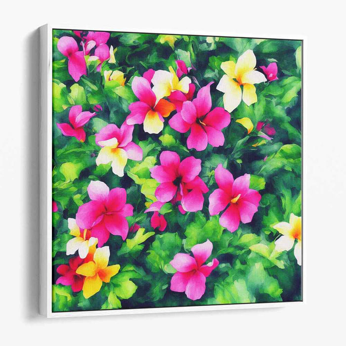 Blossoms in Neon Rain: Vibrant Garden Blooms Canvas Art Print