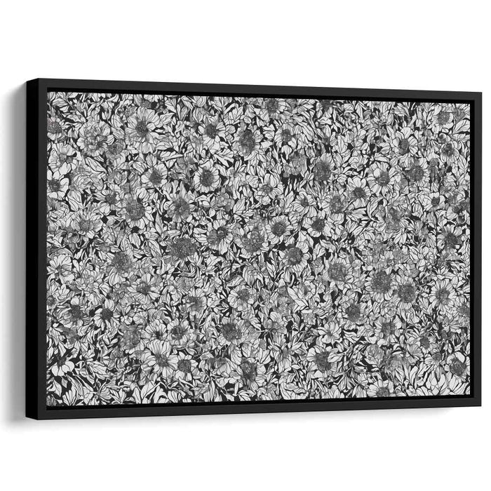 Monochromatic Petal Mosaic: Black and White Floral Tapestry Canvas Art Print
