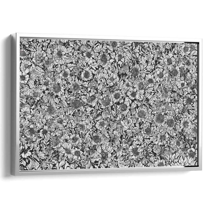 Monochromatic Petal Mosaic: Black and White Floral Tapestry Canvas Art Print