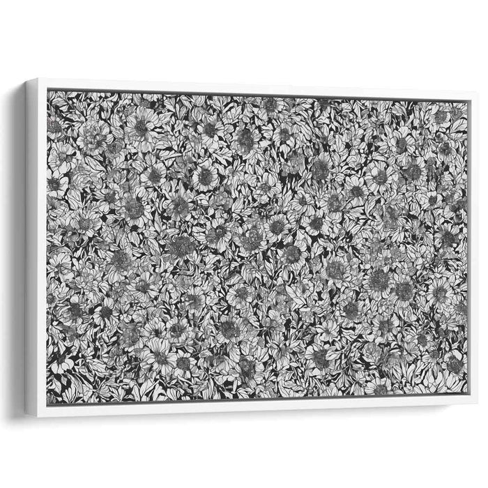 Monochromatic Petal Mosaic: Black and White Floral Tapestry Canvas Art Print