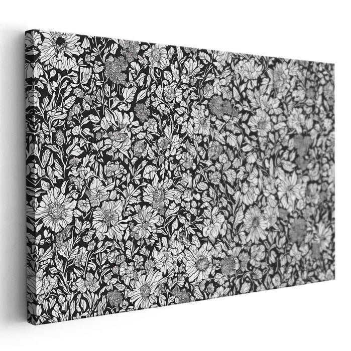 Petal Puzzle: Black and White Floral Tapestry Canvas Art Print