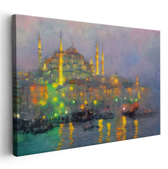 Nightfall Reverie: Illuminated Mosque Reflections Canvas Art Print