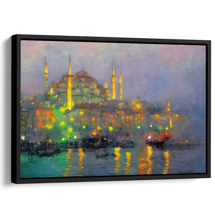 Nightfall Reverie: Illuminated Mosque Reflections Canvas Art Print