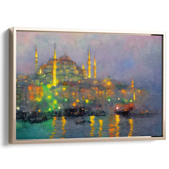 Nightfall Reverie: Illuminated Mosque Reflections Canvas Art Print