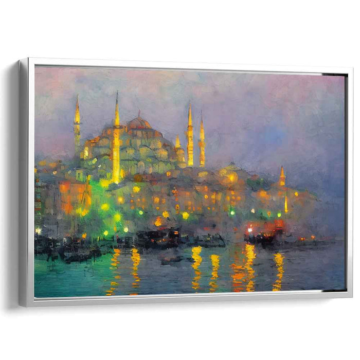Nightfall Reverie: Illuminated Mosque Reflections Canvas Art Print