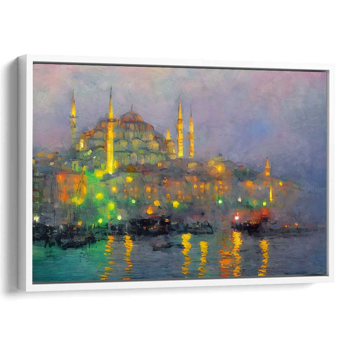 Nightfall Reverie: Illuminated Mosque Reflections Canvas Art Print
