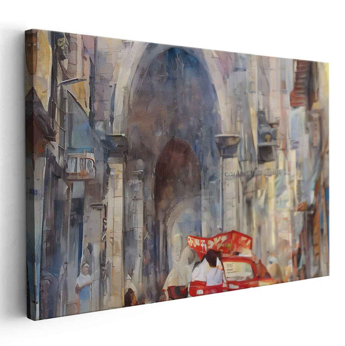 Urban Passage Impressions: Vibrant Street Scene Under Archway Canvas Art Print