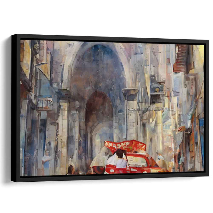 Urban Passage Impressions: Vibrant Street Scene Under Archway Canvas Art Print