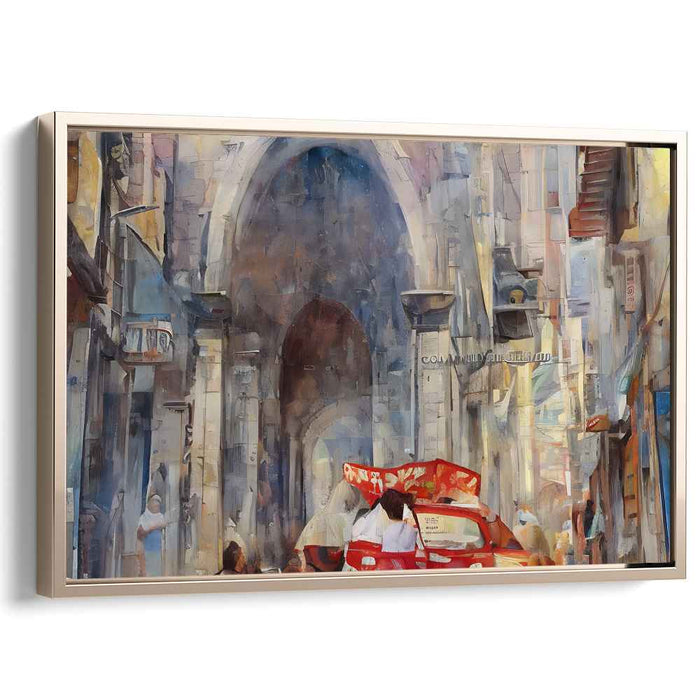 Urban Passage Impressions: Vibrant Street Scene Under Archway Canvas Art Print