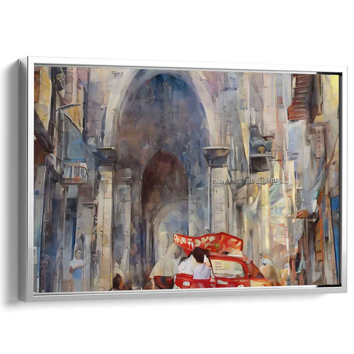 Urban Passage Impressions: Vibrant Street Scene Under Archway Canvas Art Print