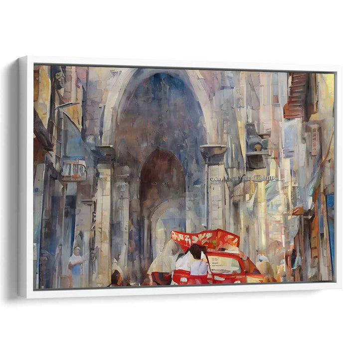 Urban Passage Impressions: Vibrant Street Scene Under Archway Canvas Art Print