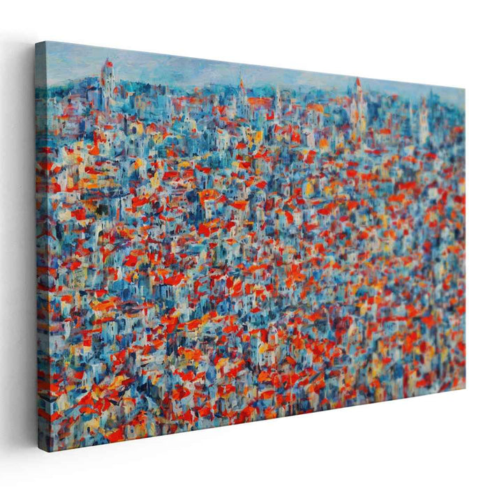 Crimson Sunrise Over Cityscape: Impressionist Urban Dawn Canvas Art Print