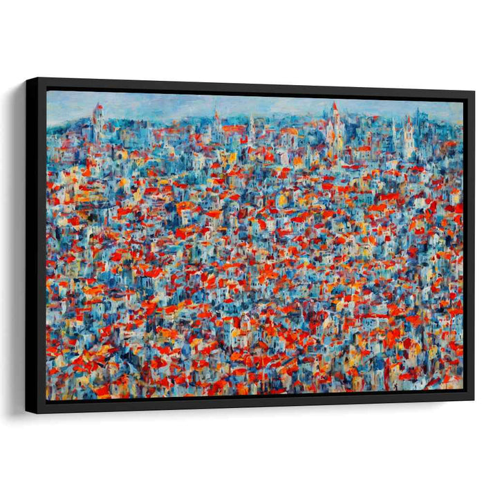 Crimson Sunrise Over Cityscape: Impressionist Urban Dawn Canvas Art Print