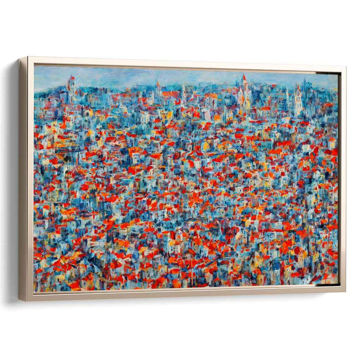 Crimson Sunrise Over Cityscape: Impressionist Urban Dawn Canvas Art Print