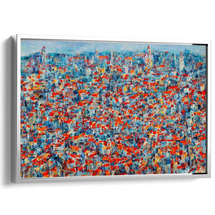 Crimson Sunrise Over Cityscape: Impressionist Urban Dawn Canvas Art Print