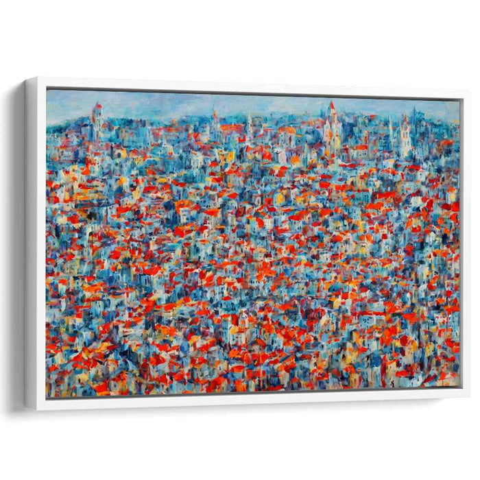 Crimson Sunrise Over Cityscape: Impressionist Urban Dawn Canvas Art Print