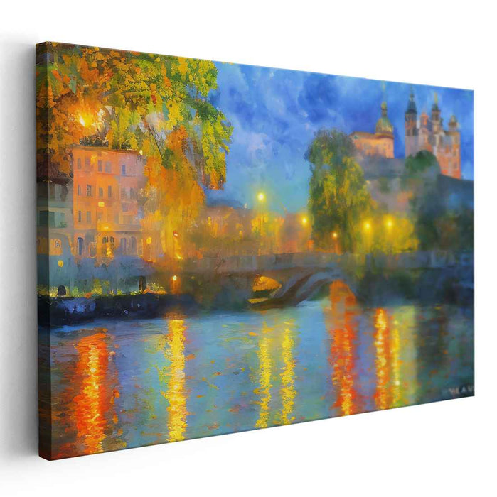 Rippling Urban Reflections: Impressionist Riverside Cityscape Canvas Art Print