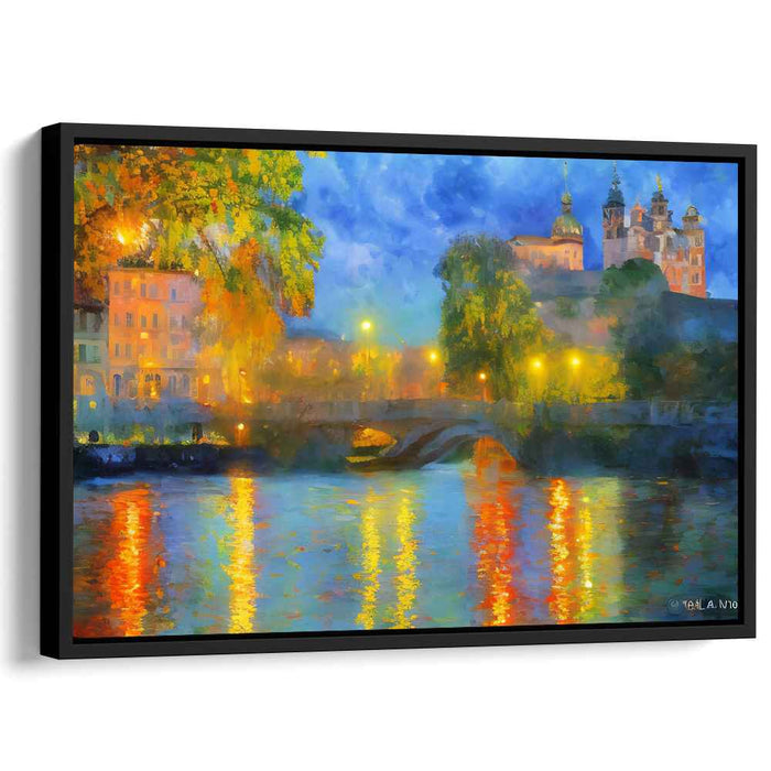 Rippling Urban Reflections: Impressionist Riverside Cityscape Canvas Art Print