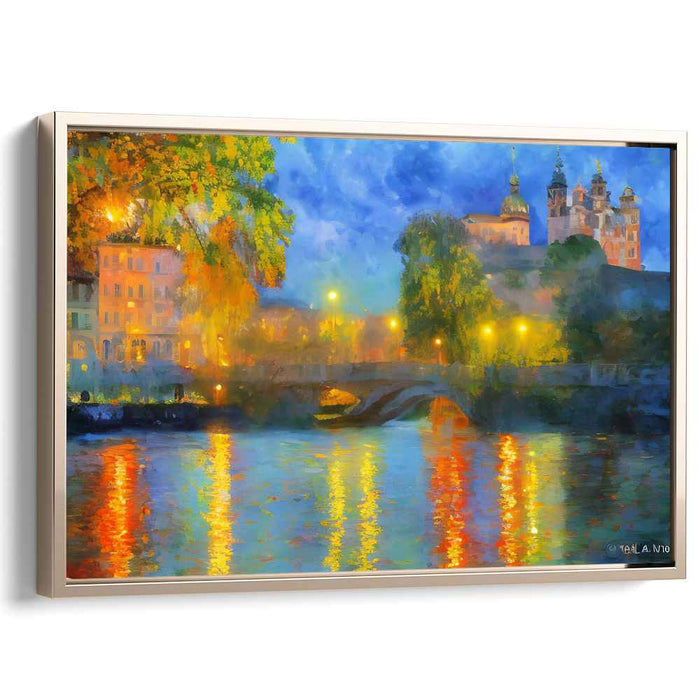 Rippling Urban Reflections: Impressionist Riverside Cityscape Canvas Art Print