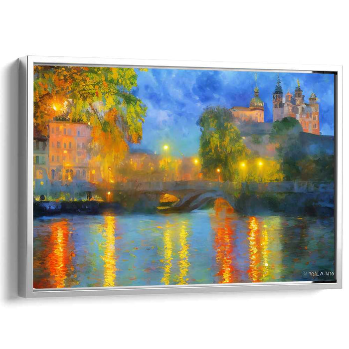 Rippling Urban Reflections: Impressionist Riverside Cityscape Canvas Art Print