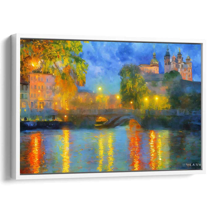 Rippling Urban Reflections: Impressionist Riverside Cityscape Canvas Art Print