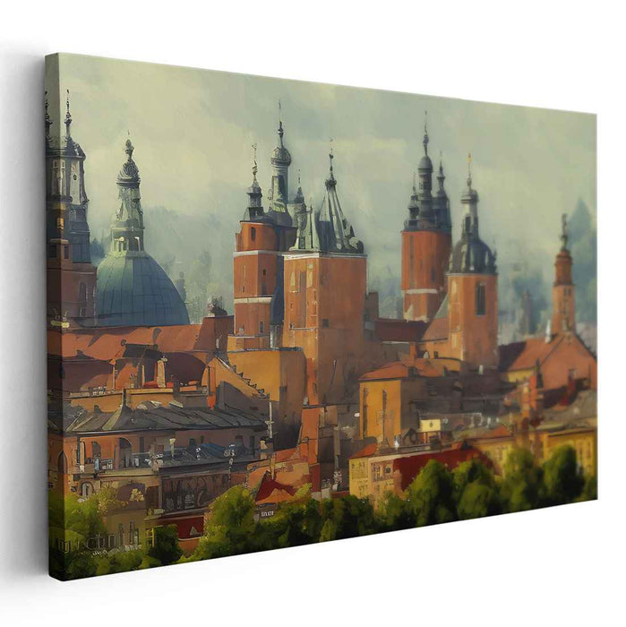 Golden Arches Whisper Skyward: Sunlit Towers and Spires Canvas Art Print