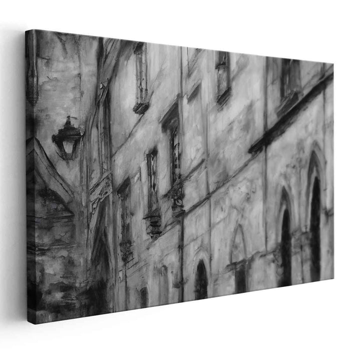 Pebble Path Serenity: Monochromatic European Street Scene Canvas Art Print