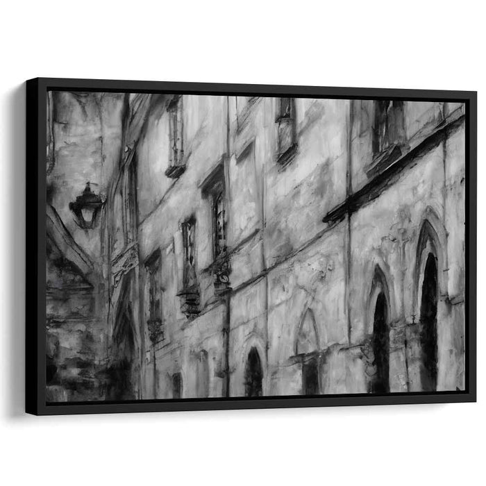Pebble Path Serenity: Monochromatic European Street Scene Canvas Art Print