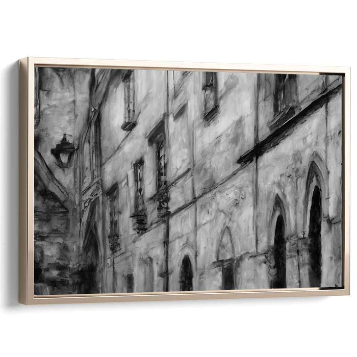 Pebble Path Serenity: Monochromatic European Street Scene Canvas Art Print