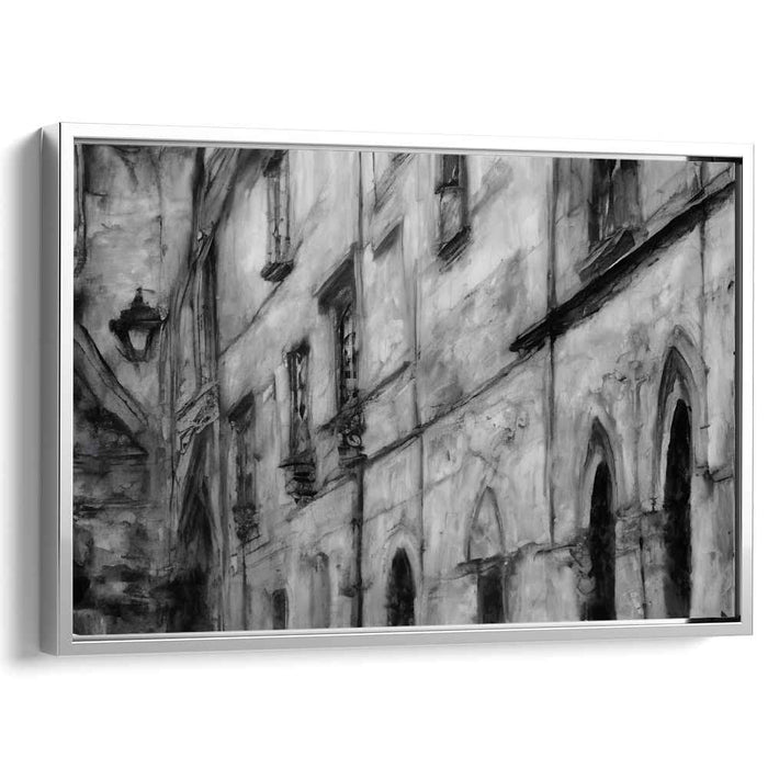 Pebble Path Serenity: Monochromatic European Street Scene Canvas Art Print